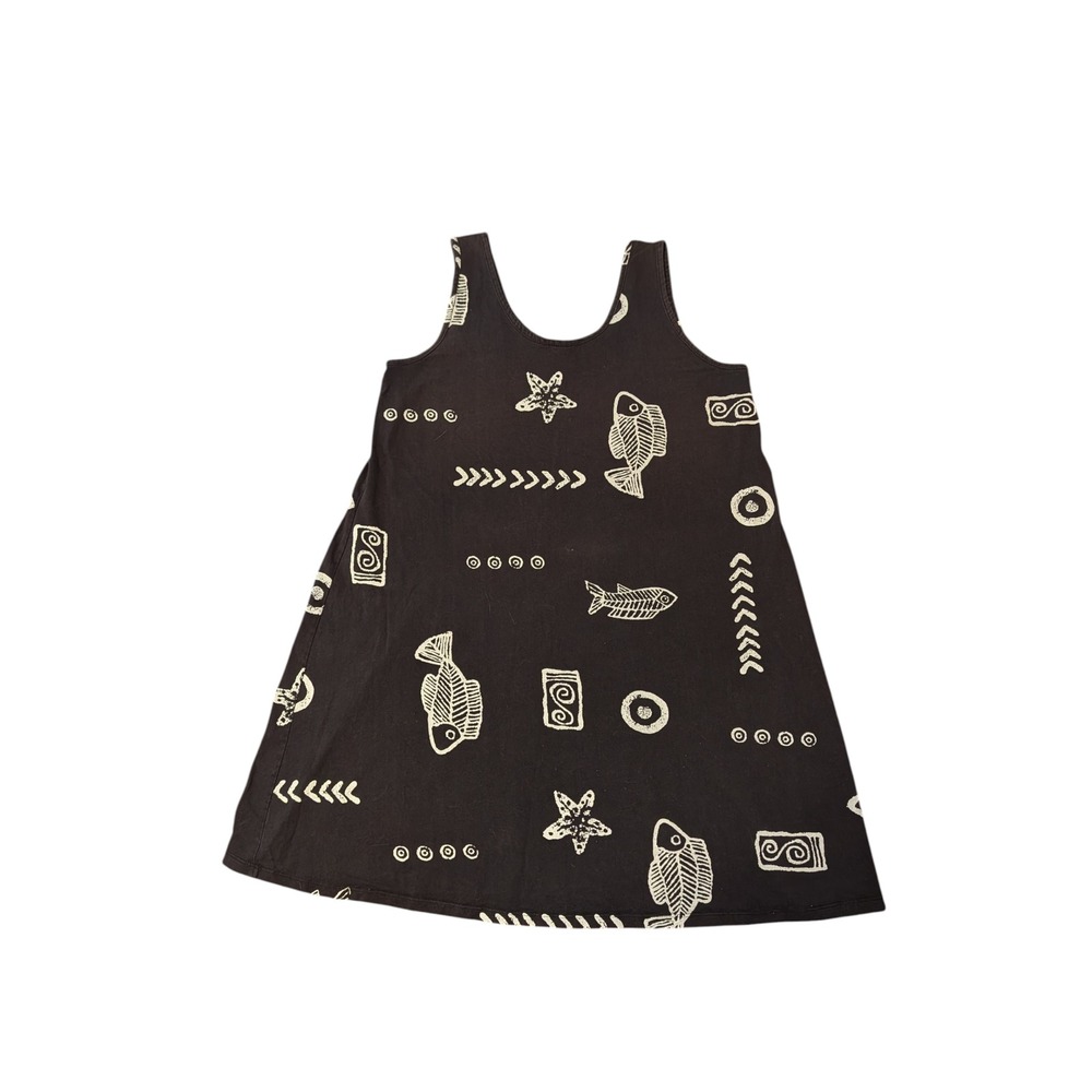 90's Baba Hawaii Womens Black Cotton Fish Starfish Sleeveless Tank Dress Large